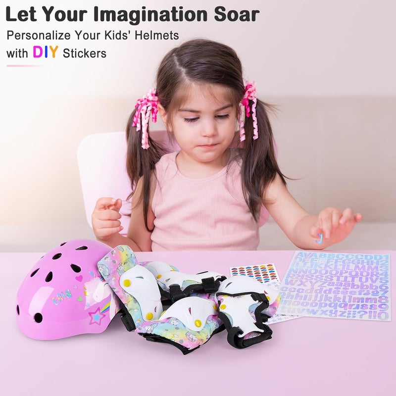 FIODAY Kids Bike Helmet, Toddler Helmet Knee and Elbow Pads Wrist Guards Adjustable Protective Gear Set with DIY Sticker for Girls 3-5-8 Years for Skateboard Inline Skating Scooter - Image 5